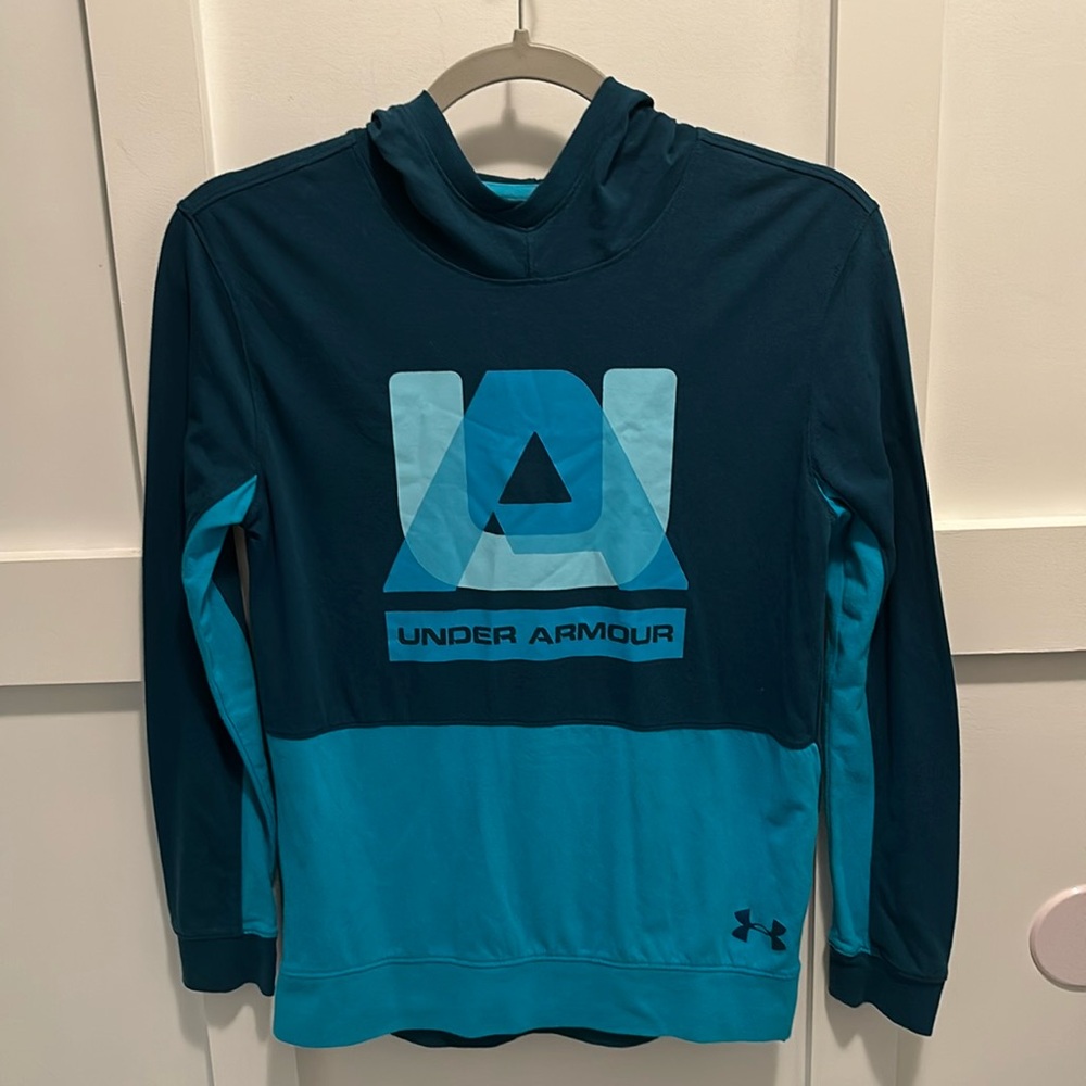 Boys Under Armour two tone blue long sleeve hooded shirt size Youth Large